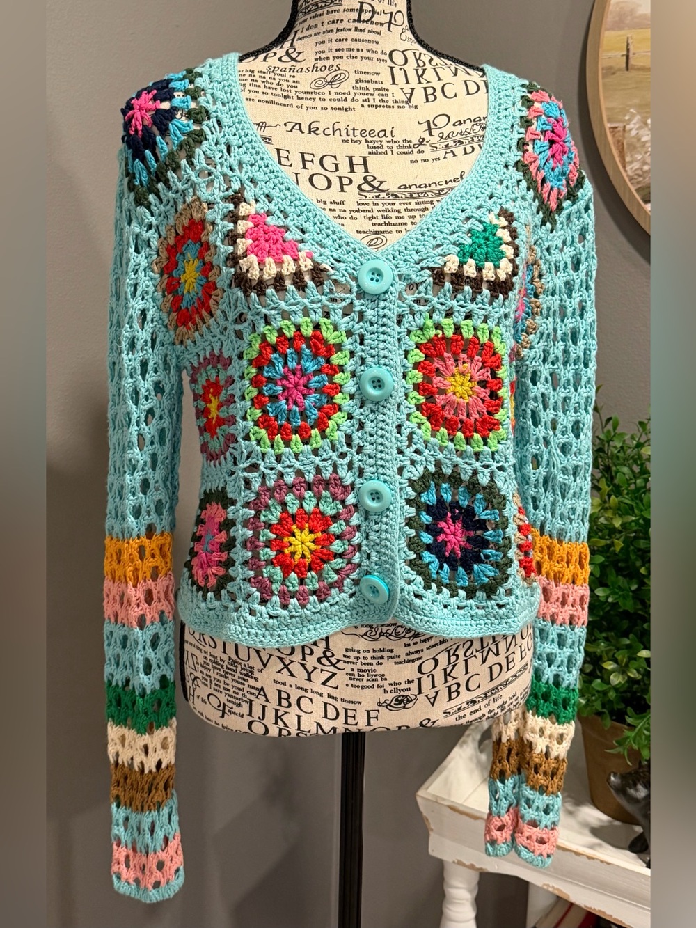 Aqua Multi-Color Crochet Button Cardigan